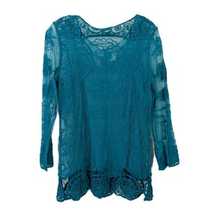 NEW Adiva Boho Lace 3/4 Sleeve Blouse With Cami - Size XL Womens - Teal Blue